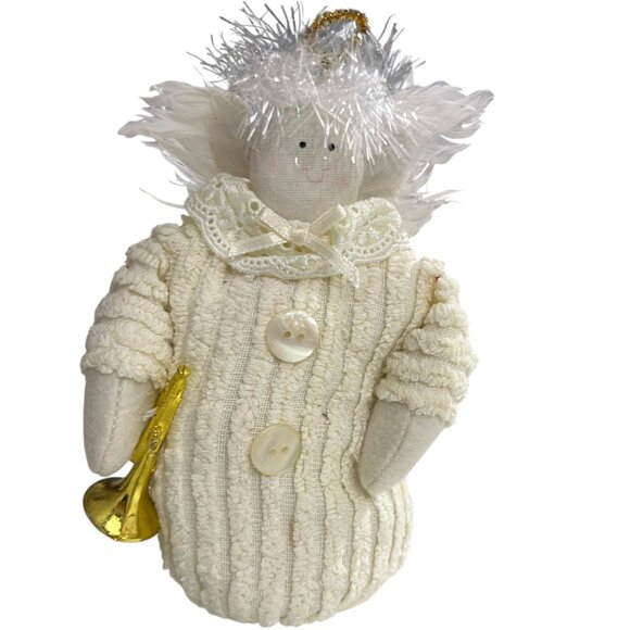 Handcrafted Chenille Angel Weighted Shelf Sitter With Trumpet - Picture 5 of 6
